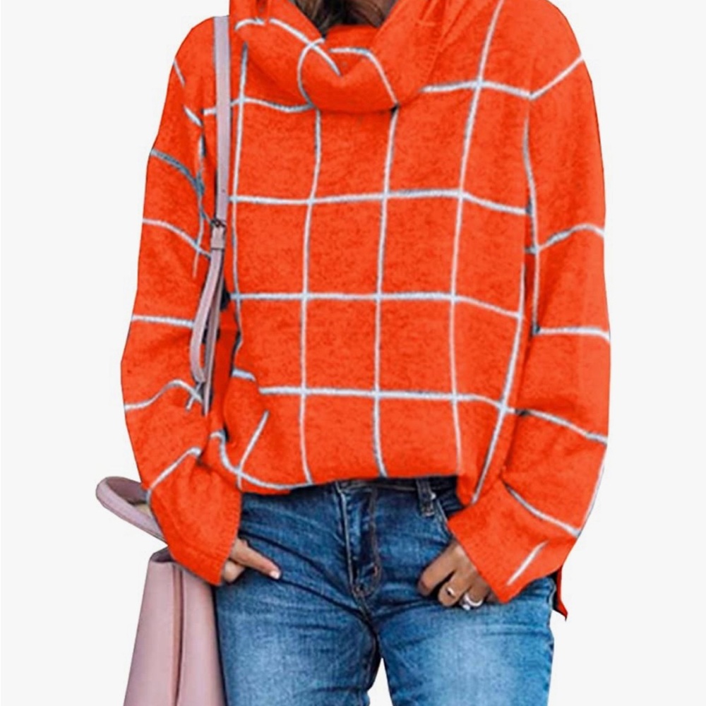 KIRUNDO orange and white window pane turtleneck sweater size medium